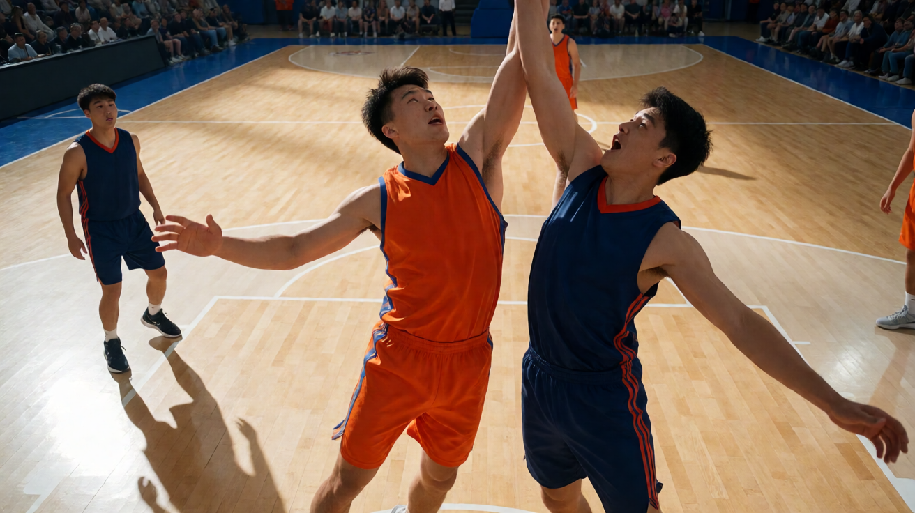 篮球比赛中球员争抢篮板并进行数据复盘